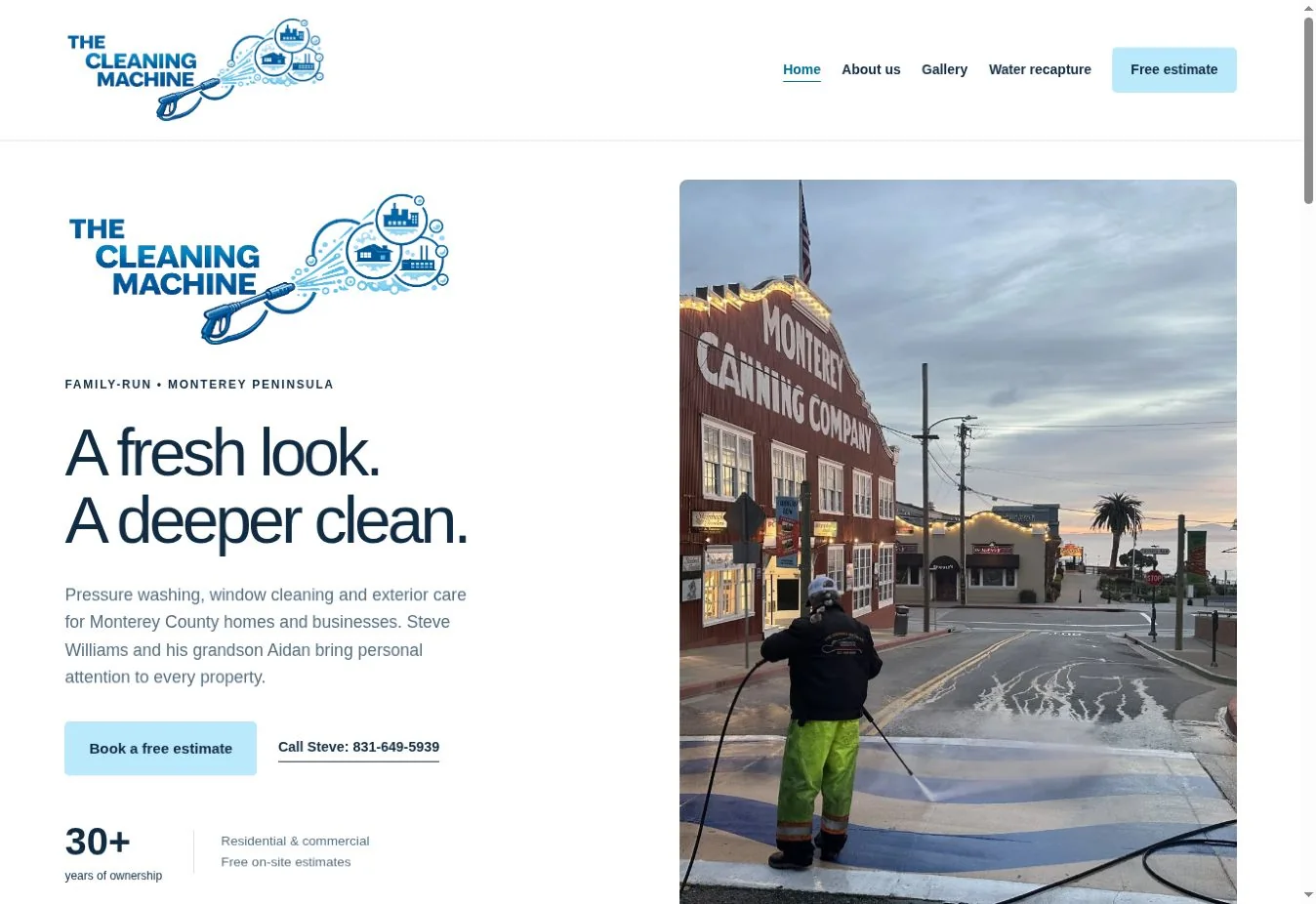The Cleaning Machine website: A fresh look. A deeper clean., with a photo of cleaning at Cannery Row