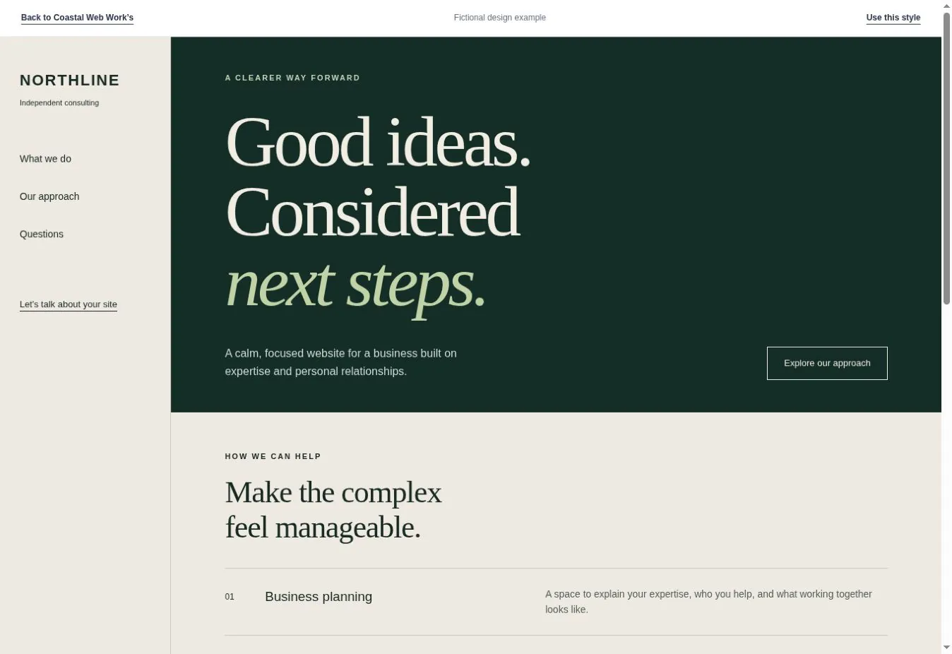 Northline professional services example with editorial typography, a sidebar and a green-and-cream palette
